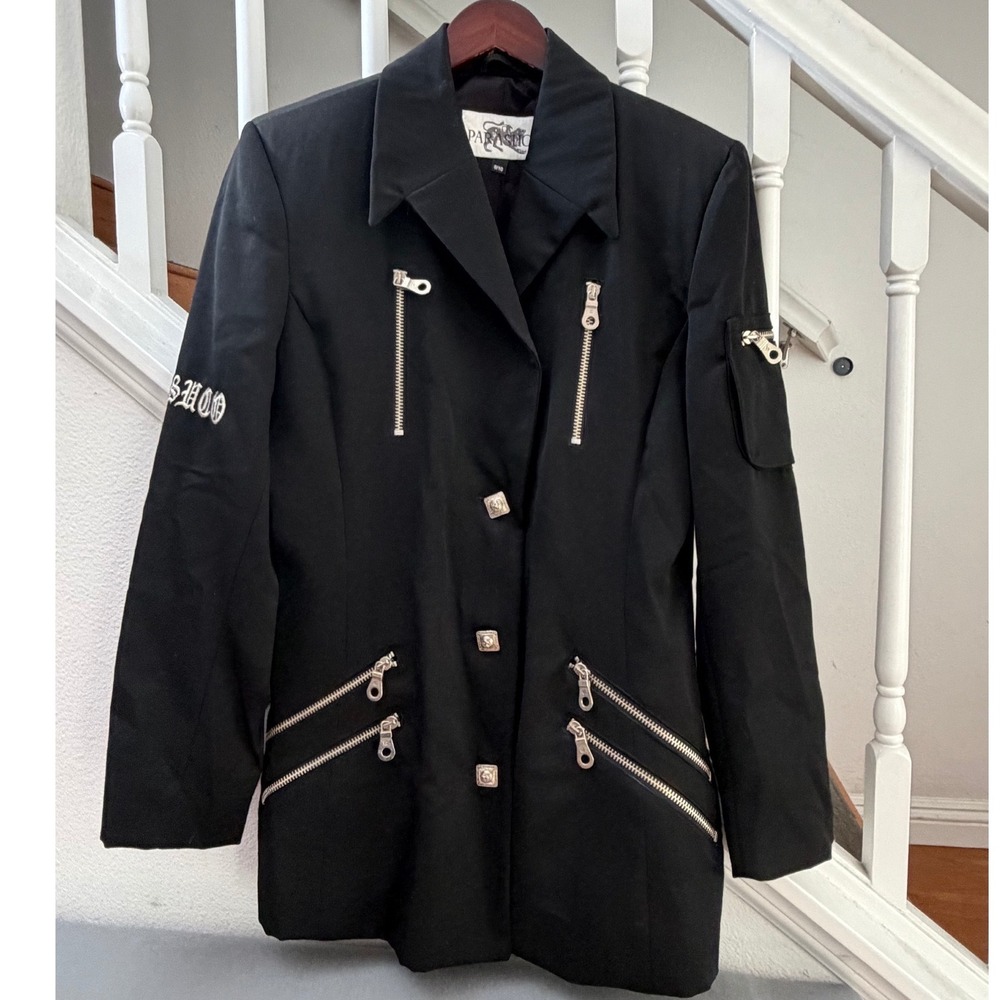 Vintage Parasuco Black Utility Zipper Blazer Jacket Gothic Embroidered Size 9/10